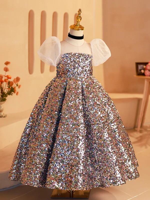 Sparkly Multi-Colors Sequins Birthday Flower Girl Dresses 2024 Trumpet / Mermaid Scoop Neck Puffy Short Sleeve Backless Floor-Length / Long