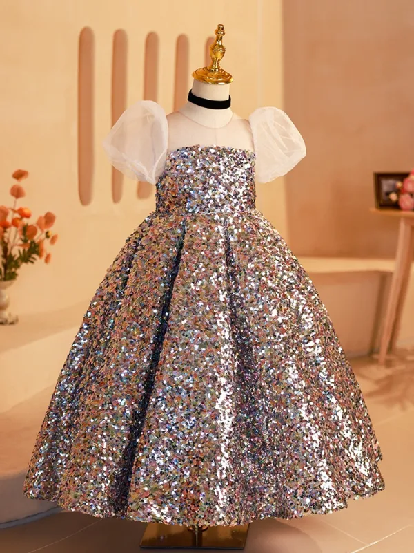 Sparkly Multi-Colors Sequins Silver Birthday Flower Girl Dresses 2024 Ball Gown Scoop Neck Puffy Short Sleeve Backless Floor-Length / Long