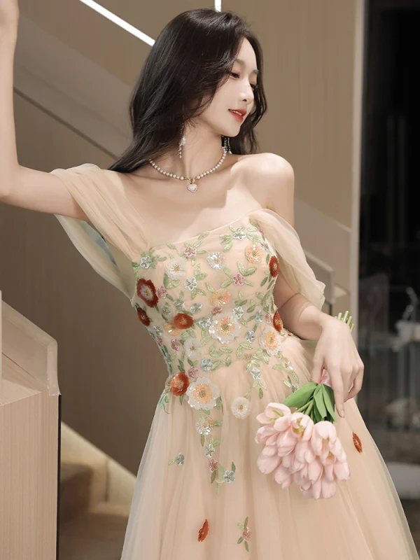 Charming Blushing Pink Sequins Lace Flower Prom Dresses 2023 A-Line / Princess Off-The-Shoulder Sleeveless Backless Floor-Length / Long Prom Formal Dresses