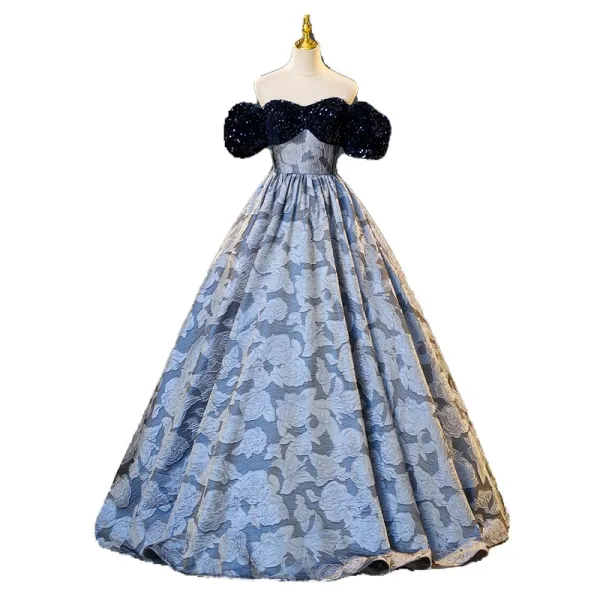 Vintage / Retro Navy Blue Sequins Printing Prom Dresses 2023 Ball Gown Off-The-Shoulder Short Sleeve Backless Floor-Length / Long Prom Formal Dresses