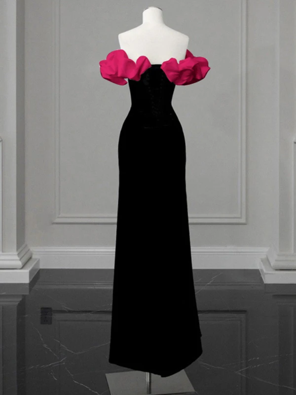 Sexy Black Ruffle Off-The-Shoulder Evening Dresses 2023 Trumpet / Mermaid Short Sleeve Backless Floor-Length / Long Evening Party Formal Dresses