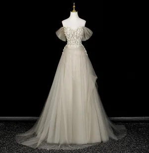Chic Beautiful Sage Green Beading Sequins Appliques Prom Dresses 2026 A Line Princess Off The Shoulder Short Sleeve Backless Floor Length Long Formal Dresses