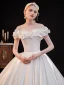 Modest / Simple Ivory Ruffle Short Sleeve Wedding Dresses 2021 Off-The-Shoulder Crossed Straps Chapel Train Church Satin Ball Gown