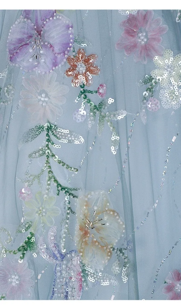 Vintage Himmelblau Perlenstickerei Spitze Blumen Pailletten Ballkleider 2026 Ballkleid Rundhalsausschnitt Ärmel Rückenfreies