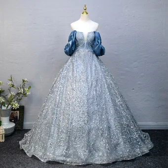 Hermoso Azul Cielo Rebordear Lentejuelas Vestidos De Gala 2025 Ball Gown Ruffle Fuera Del Hombro Manga Corta Sin Espalda Largos Gala Vestidos Formales