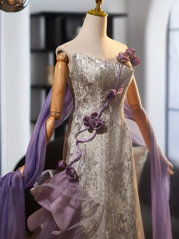 Chinese style Champagne Appliques Printing Evening Dresses 2025 A-Line / Princess Strapless Sleeveless Backless Sweep Train Evening Party Formal Dresses