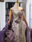 Chinese style Champagne Appliques Printing Evening Dresses 2025 A-Line / Princess Strapless Sleeveless Backless Sweep Train Evening Party Formal Dresses