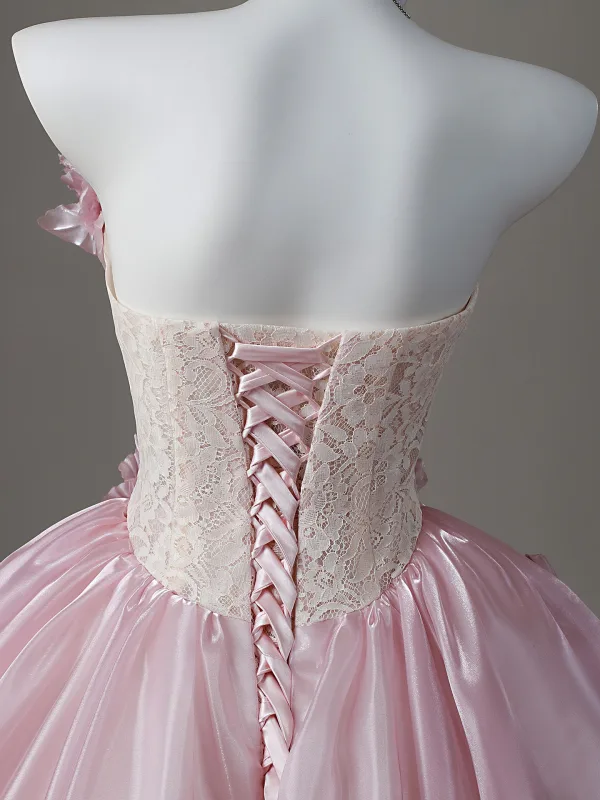 Chic / Beautiful Blushing Pink Appliques Lace Flower Bow Prom Dresses 2026 Ball Gown Strapless Sleeveless Backless Floor-Length / Long Prom Formal Dresses