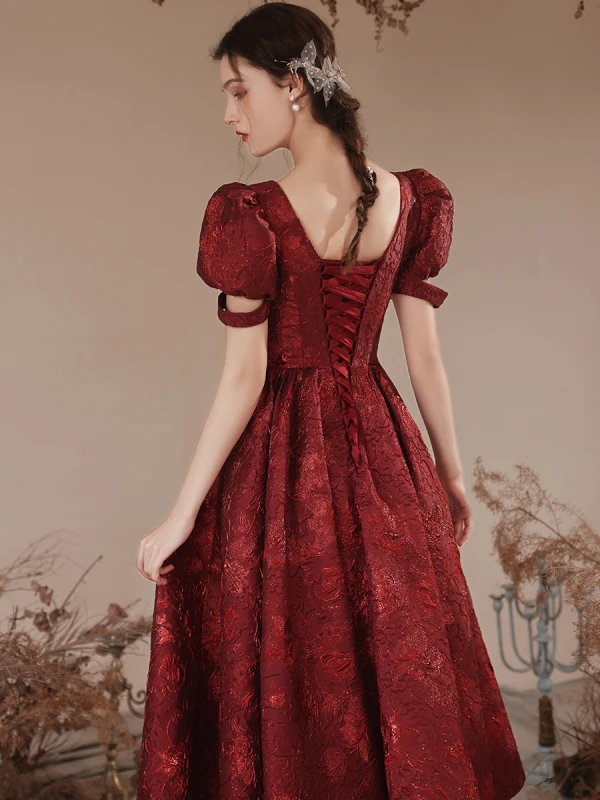 Chic / Beautiful Burgundy Prom Dresses 2023 A-Line / Princess Square Neckline Puffy Short Sleeve Backless Floor-Length / Long Prom Formal Dresses