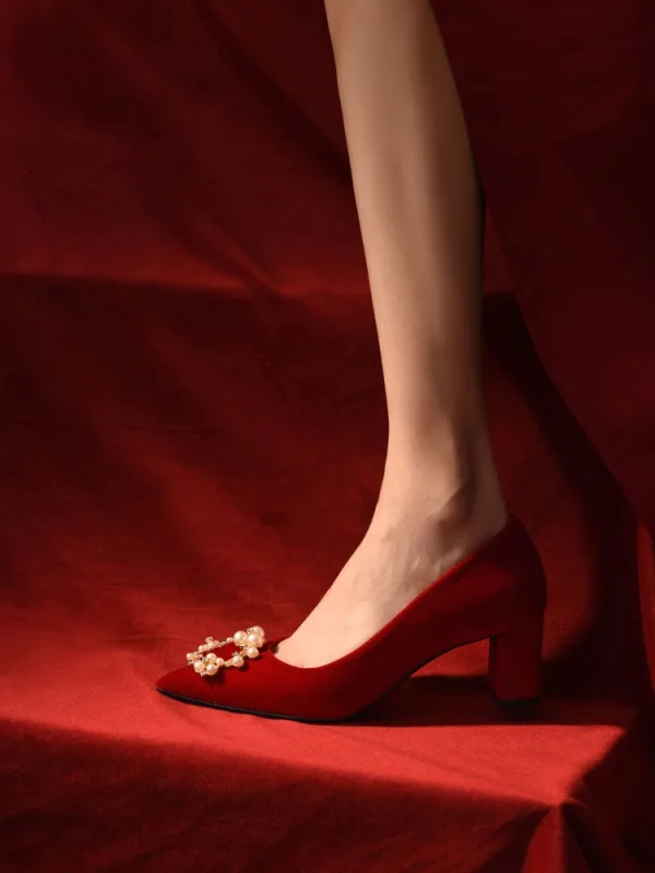 Chinese style Red Pearl Rhinestone Wedding Shoes 2026 5 cm Thick Heels Pointed Toe Wedding Pumps