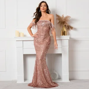 Scintillantes Charmant Rougissant Rose Perlage Paillettes Robe De Soirée 2022 Trompette Sirène De L Épaule Sans Manches Dos Nu Train De Balayage Robe De Ceremonie