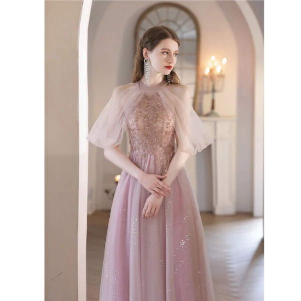 Chic / Beautiful Blushing Pink Beading Sequins Prom Dresses 2023 A-Line / Princess Scoop Neck Sleeveless Floor-Length / Long Prom Formal Dresses