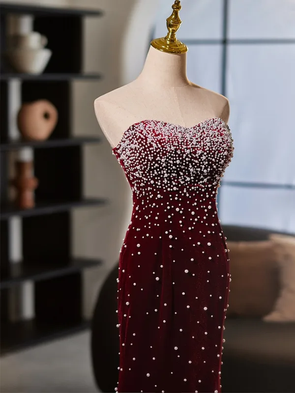 Amazing / Unique Burgundy Pearl Evening Dresses 2025 Trumpet / Mermaid Strapless Sleeveless Backless Sweep Train Evening Party Formal Dresses