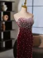 Amazing / Unique Burgundy Pearl Evening Dresses 2025 Trumpet / Mermaid Strapless Sleeveless Backless Sweep Train Evening Party Formal Dresses