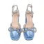 Inhabituel Bleu Ciel Cocktail Satin Sandales Femme 2022 Bride Cheville Faux Diamant Noeud 14 cm Talons Épais Pied Carré Sandales Talons Hauts