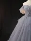 Chic / Beautiful Grey Sky Blue Beading Pearl Prom Dresses 2023 Ball Gown Off-The-Shoulder Short Sleeve Backless Floor-Length / Long Prom Formal Dresses
