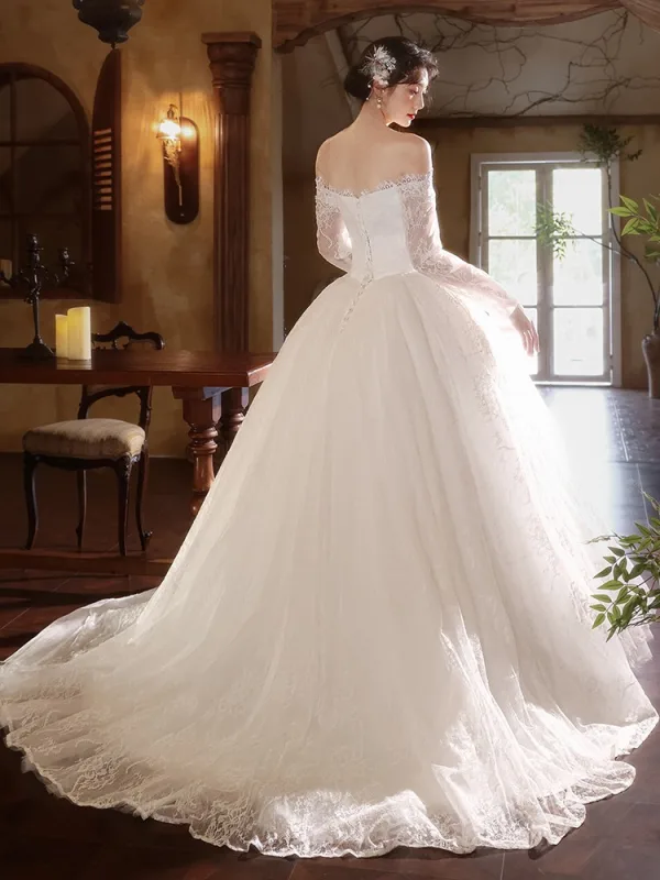 Elegante Weiß Spitze Blumen Brautkleider / Hochzeitskleider 2025 Ballkleid Off Shoulder Lange Ärmel Rückenfreies Sweep / Pinsel Zug Hochzeit