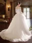 Elegante Weiß Spitze Blumen Brautkleider / Hochzeitskleider 2025 Ballkleid Off Shoulder Lange Ärmel Rückenfreies Sweep / Pinsel Zug Hochzeit