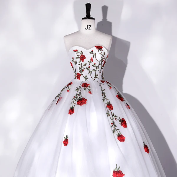 Elegant White Lace Flower Prom Dresses 2022 Ball Gown Strapless Sleeveless Backless Floor-Length / Long Prom Formal Dresses