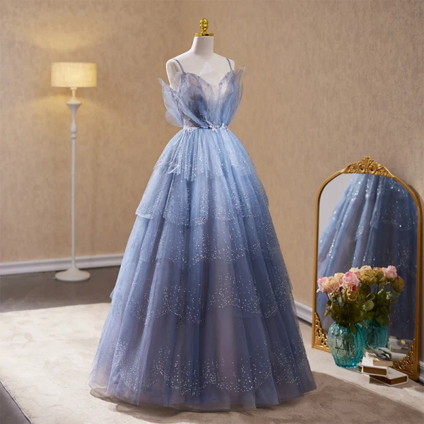 Sexy Bleu Ciel Perlage Faux Diamant Robe De Soirée 2023 Princesse Bretelles Spaghetti Sans Manches Dos Nu Longue Soirée Robe De Ceremonie