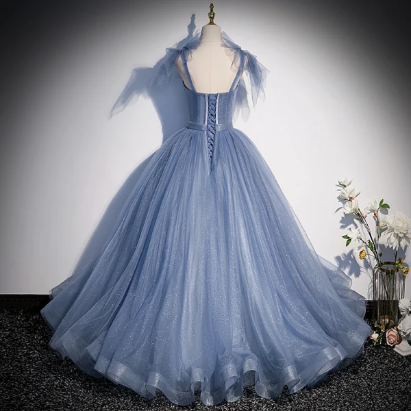 Chic / Beautiful Sky Blue Rhinestone Pearl Sequins Prom Dresses 2022 A-Line / Princess Square Neckline Sleeveless Backless Floor-Length / Long Prom Formal Dresses