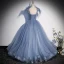 Chic / Beautiful Sky Blue Rhinestone Pearl Sequins Prom Dresses 2022 A-Line / Princess Square Neckline Sleeveless Backless Floor-Length / Long Prom Formal Dresses