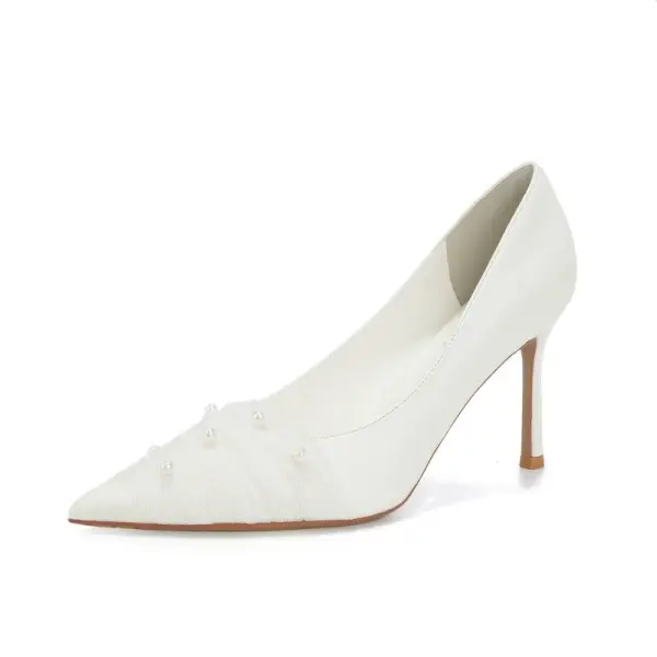 Elegant White Leather Pearl Wedding Shoes 2026 8 cm Stiletto Heels Pointed Toe Wedding Pumps High Heels