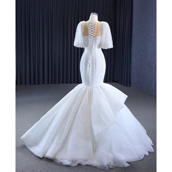 Luxury / Gorgeous White Handmade Beading Pearl Cascading Ruffles Wedding Dresses 2023 Trumpet / Mermaid Scoop Neck Short Sleeve Floor-Length / Long Wedding