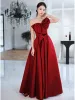 Modest  Burgundy Satin Prom Dresses 2023 A-Line / Princess One-Shoulder Bow Sleeveless Backless Floor-Length / Long Prom Formal Dresses