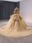 Luxury / Gorgeous Sparkly Gold Glitter Sequins Pearl Lace Flower Prom Dresses 2024 Ball Gown Off-The-Shoulder Short Sleeve Backless Chapel Train