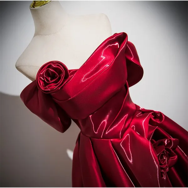 Chic / Beautiful Burgundy Sweep Train Prom Dresses 2025 Ball Gown Off-The-Shoulder Short Sleeve Backless Formal Dresses