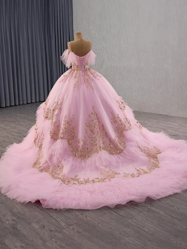 Luxury / Gorgeous Blushing Pink Beading Sequins Prom Dresses 2025 Ball Gown Spaghetti Straps Sleeveless Backless Chapel Train Prom Formal Dresses