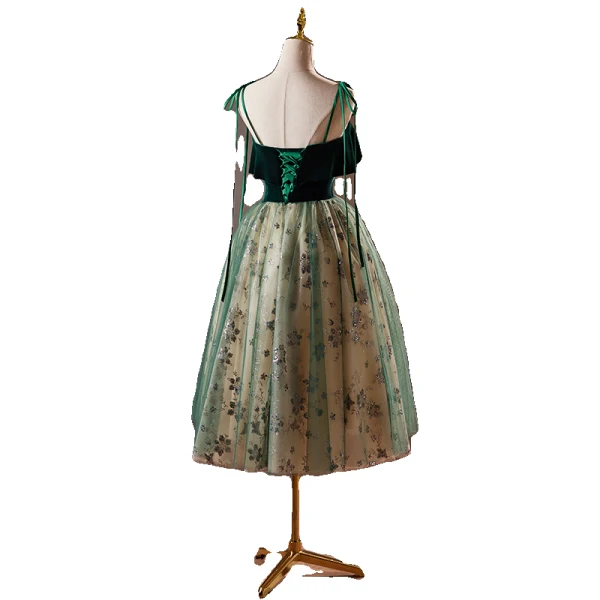 Vintage / Retro Dark Green Sequins Lace Flower Homecoming Graduation Dresses 2024 Spaghetti Straps Sleeveless Backless Tea-length Formal Dresses