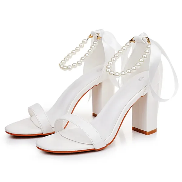 Elegante Weiß Perle Knöchelriemen Sandalen Damen 2025 9 cm Thick Heels Peeptoes Hochzeit Sandaletten Hochhackige