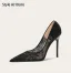 Charmant Schwarz Pailletten Spitze Blumen Abend Pumps 2025 10 cm Stilettos Spitzschuh Pumps Hochhackige