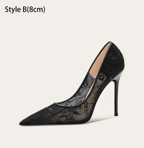 Charmant Schwarz Pailletten Spitze Blumen Abend Pumps 2025 10 cm Stilettos Spitzschuh Pumps Hochhackige