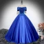 Vintage / Retro Royal Blue Beading Lace Flower Satin Prom Dresses 2024 Ball Gown Off-The-Shoulder Sleeveless Backless Floor-Length / Long Prom Formal Dresses