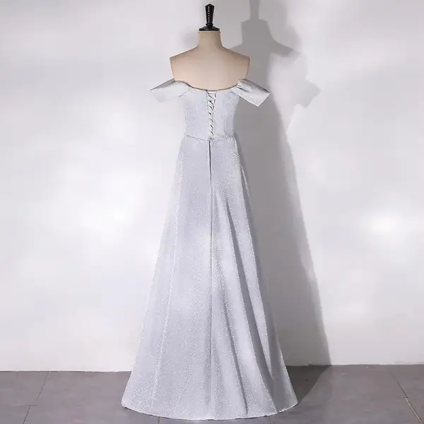 Sexy Grey Prom Dresses 2024 Trumpet / Mermaid Off-The-Shoulder Sleeveless Backless Floor-Length / Long Prom Formal Dresses