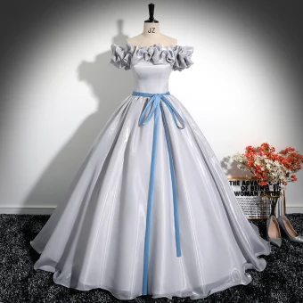 Elegant Silver Prom Dresses 2024 Ball Gown Ruffle Off The Shoulder Sleeveless Bow Sash Backless Floor Length Long Prom Formal Dresses