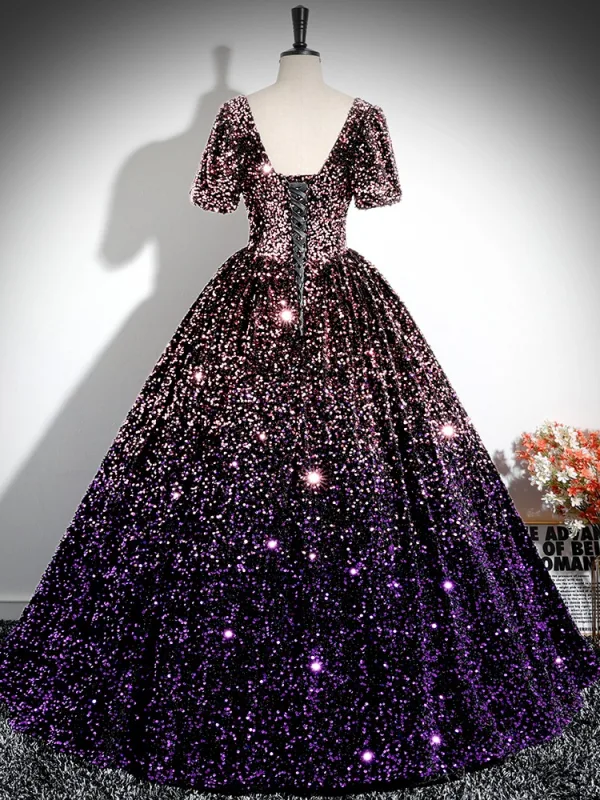Scintillantes Multi-Couleurs Violet Paillettes Robe De Bal 2024 Robe Boule Encolure Carrée Manches Courtes Dos Nu Longue Promo Robe De Ceremonie