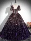 Scintillantes Multi-Couleurs Violet Paillettes Robe De Bal 2024 Robe Boule Encolure Carrée Manches Courtes Dos Nu Longue Promo Robe De Ceremonie