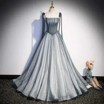 Elegant Grey Glitter Sequins Pearl Prom Dresses 2023 A Line Princess Spaghetti Straps Sleeveless Backless Sweep Train Prom Formal Dresses