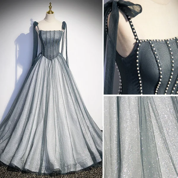 Élégant Gris Glitter Paillettes Perle Robe De Bal 2023 Princesse Bretelles Spaghetti Sans Manches Dos Nu Train De Balayage Promo Robe De Ceremonie