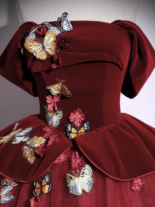 Vintage / Retro Burgundy Lace Butterfly Appliques Prom Dresses 2025 Ball Gown Off-The-Shoulder Short Sleeve Backless Floor-Length / Long Formal Dresses