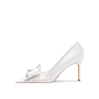 Mode Ivoire Faux Diamant Noeud Chaussure De Mariée 2023 Cuir 8 Cm Talons Aiguilles À Bout Pointu Mariage Escarpins Talons Hauts