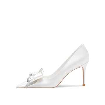 Mode Elfenben Rhinestone Rosett Brudskor 2023 Läder 8 Cm Stilettklackar Spetsiga Bröllop Pumps Högklackade