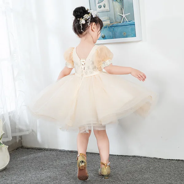 Mode Champagne Perlage Perle Paillettes En Dentelle Fleur Anniversaire Robe Ceremonie Fille 2022 Robe Boule U-Cou Gonflée Manches Courtes Ceinture Noeud Courte Dos Nu Robe Ceremonie Fille