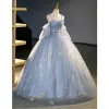 Romantic Sky Blue Floral Prom Dresses 2023 A-Line / Princess Spaghetti Straps Sleeveless Floor-Length / Long Backless Corset Lace Flower Formal Dresses