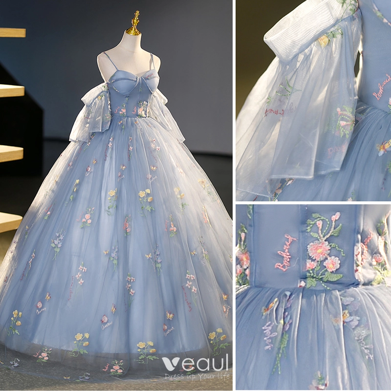 Romantic Sky Blue Floral Prom Dresses 2023 A-Line / Princess Spaghetti  Straps Sleeveless Floor-Length / Long