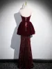 Sexy Burgundy Sequins Evening Dresses 2024 Trumpet / Mermaid Strapless Sleeveless Backless Floor-Length / Long Evening Party Formal Dresses
